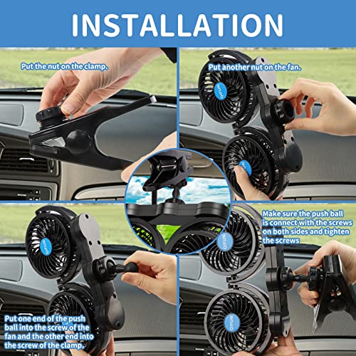 QIFUN Car Fan Adjustable Dual Head 12V 360° Rotatable 4 Inches - Product Imagery