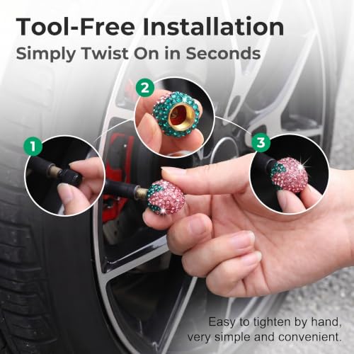 4PCS Strawberry Car Tire Valve Stem Caps, Cute Bling Rhinestone - Product Imagery