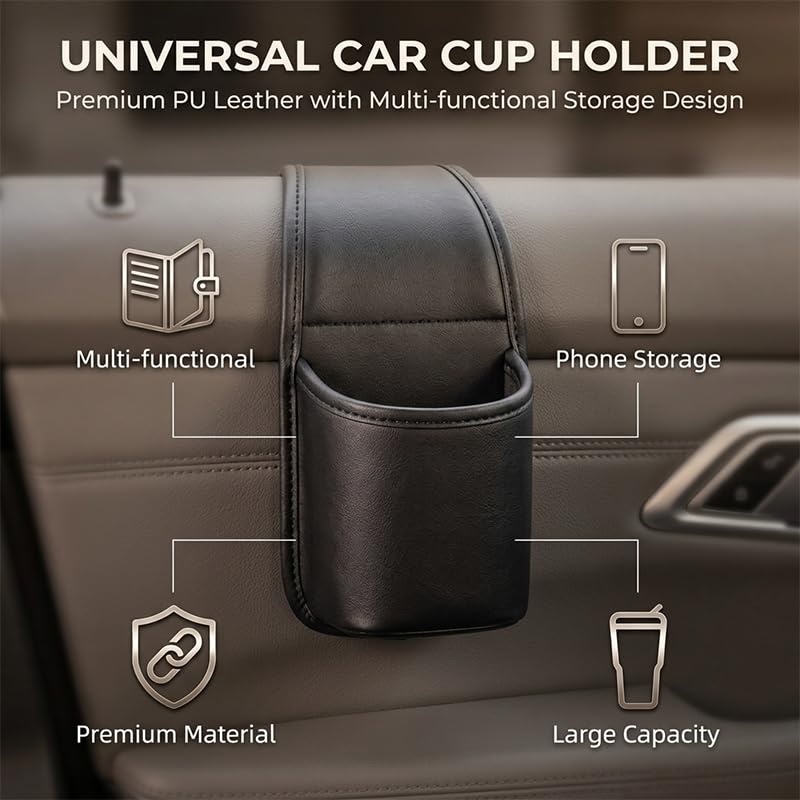 Leather Car Door Cup Holder Organizer for Drinks and Phones，Black - Product Imagery