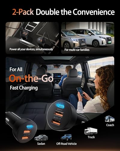 USB C Car Charger, 2 Pack 70W Fast Charging Cigarette Lighter - Product Imagery