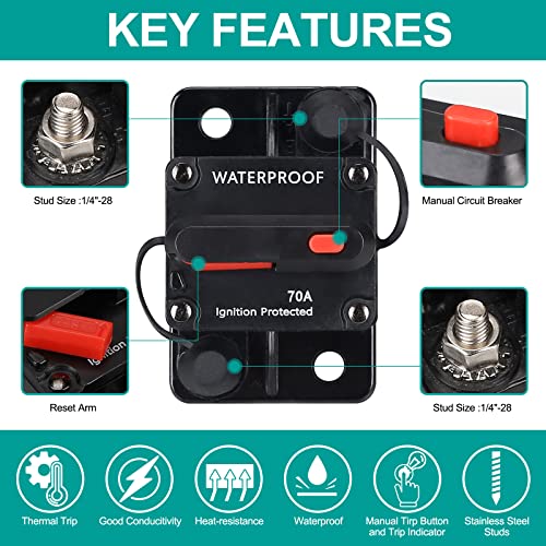 70 Amp Circuit Breaker,Waterproof,with Manual Reset,12V-48V DC, - Product Imagery