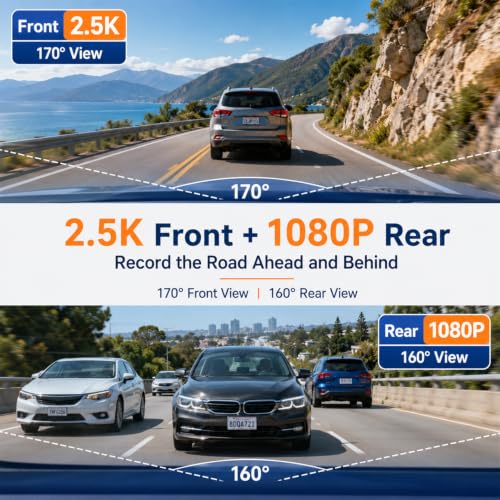 Dash Cam Front and Rear, 2.5K+1080P Dual Camera for Cars, 2" IPS - Product Imagery
