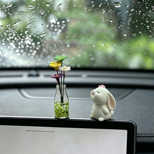 Set of 2 Cute Mini Bunny and Daisy Flower Vase Car Rearview - Product Imagery
