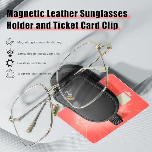 Sunglass Holder for Car Visor, Magnetic Leather Eyeglass Holder, - Product Imagery