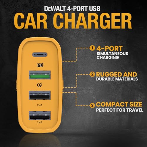 DEWALT Heavy Duty 4 Port USB C Car Charger Multiport, Fast 60W - Product Imagery