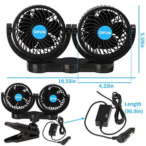 QIFUN Car Fan Adjustable Dual Head 12V 360° Rotatable 4 Inches - Product Imagery