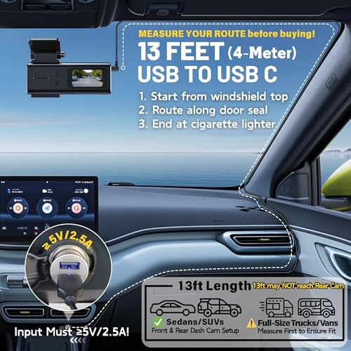 EWAY USB C Dash Cam Power Cord (13FT/4M), 90 Degree USB-A 2.0 to - Product Imagery
