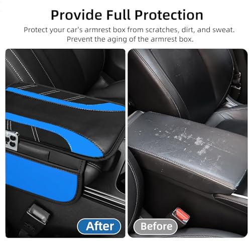 NBTEPEM Blue Center Console Cover, Sporty Leather Armrest Cover - Product Imagery