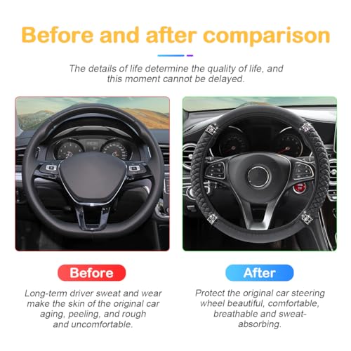 Osilly 15 Inch Rhinestone Leather Steering Wheel Cover, Black - Product Imagery