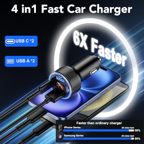Car Charger USB C Fast Charge, 4 Port 78W Metal Car Phone - Product Imagery