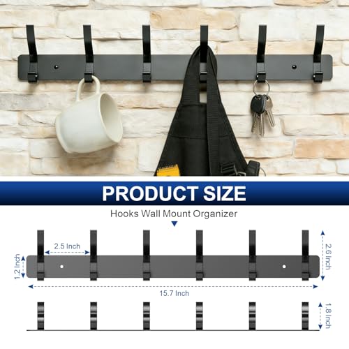Wall Mounted Coat Rack, 6 Hooks for Hanging Clothes, Black, - Product Imagery