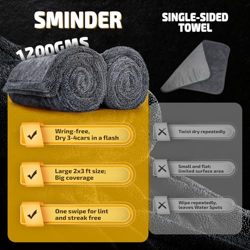 SMINDER 2-Pack 1200 GSM Car Drying Towels – Microfiber Towels - Product Imagery