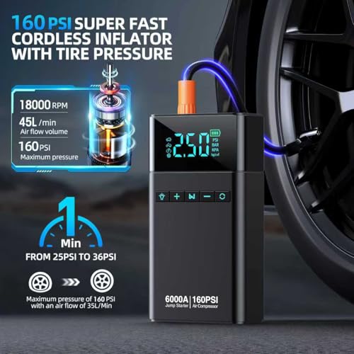 6000A Portable Car Battery Jump Starter with Air Compressor - Product Imagery