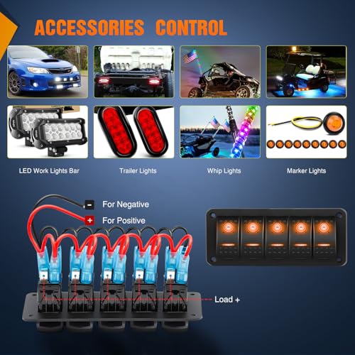 Nilight 6 Gang Rocker Switch Panel w/Orange LED Light 5Pin ON - Product Imagery