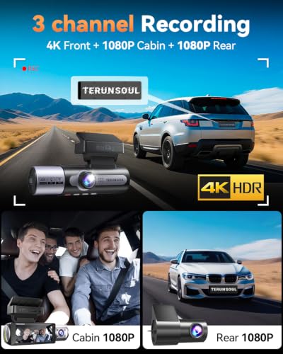 4K Dash Cam Front and Rear, Full HD 3 Channel Dashcam, Free - Product Imagery