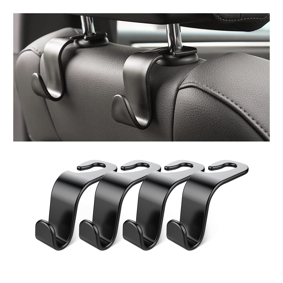 4 Pack Curved Headrest Hooks for Vehicle Seats, Black Style 2 - Product Imagery