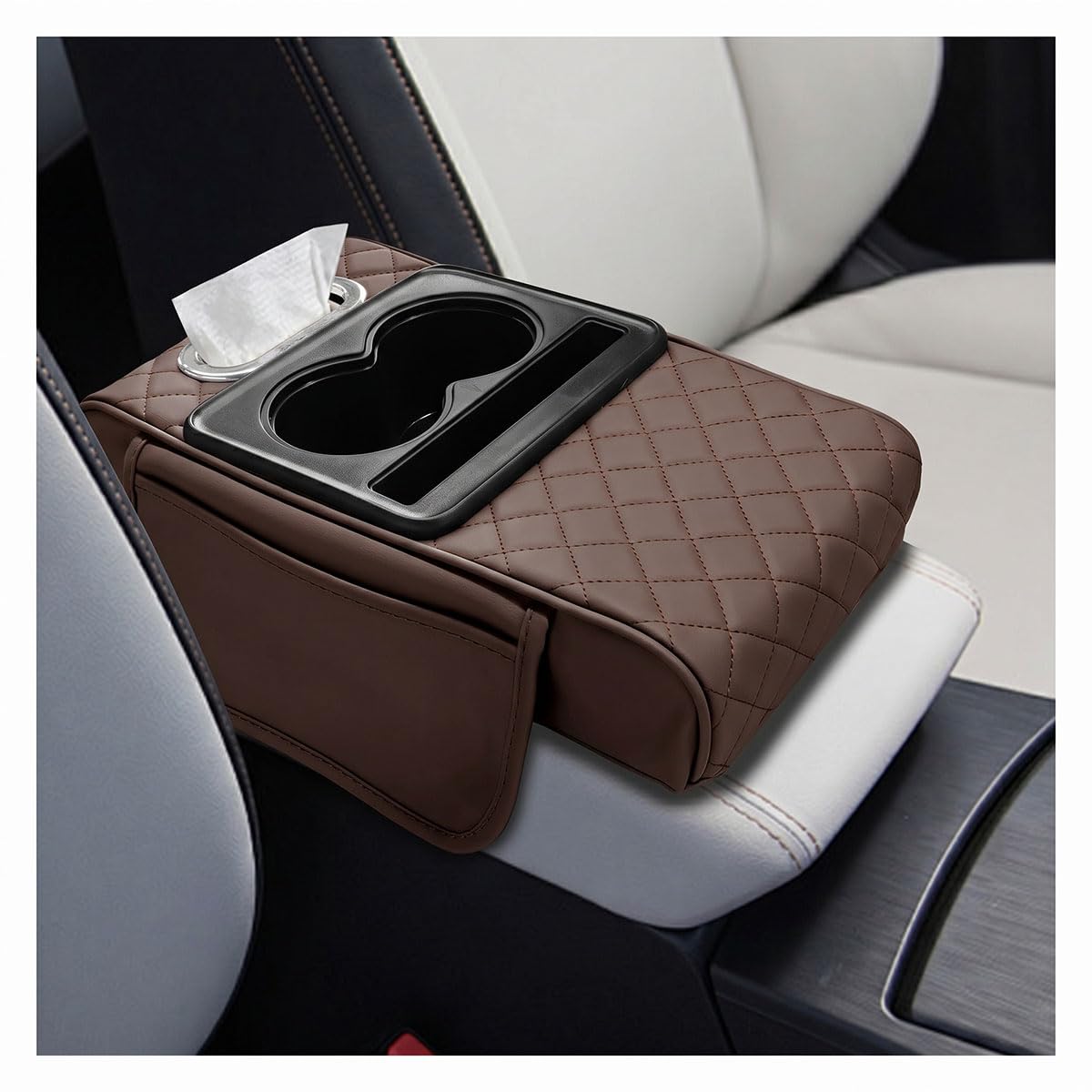 Leather Car Center Console Cover, Armrest Booster Cushion, Coffee - Product Imagery