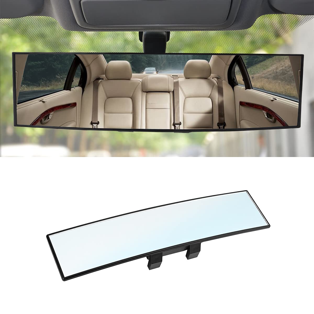 8sanlione 12 Inch Panoramic Car Rearview Mirror, White - Product Imagery