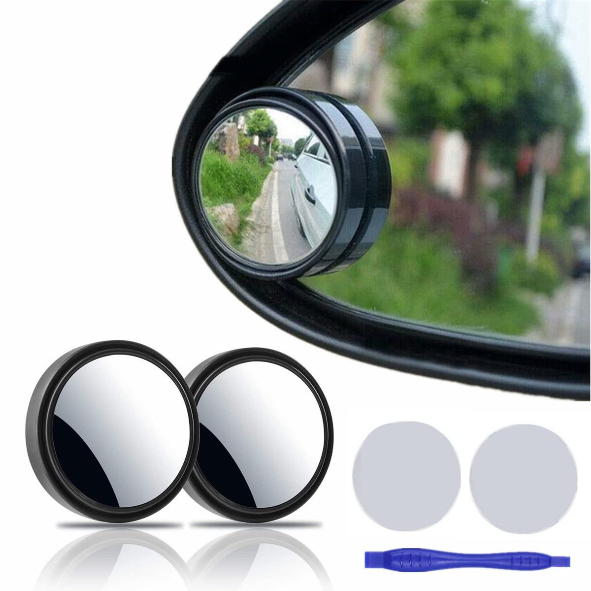 2 pcs Blind Spot Mirrors, 2" Round HD Glass Convex 360° Wide - Product Imagery