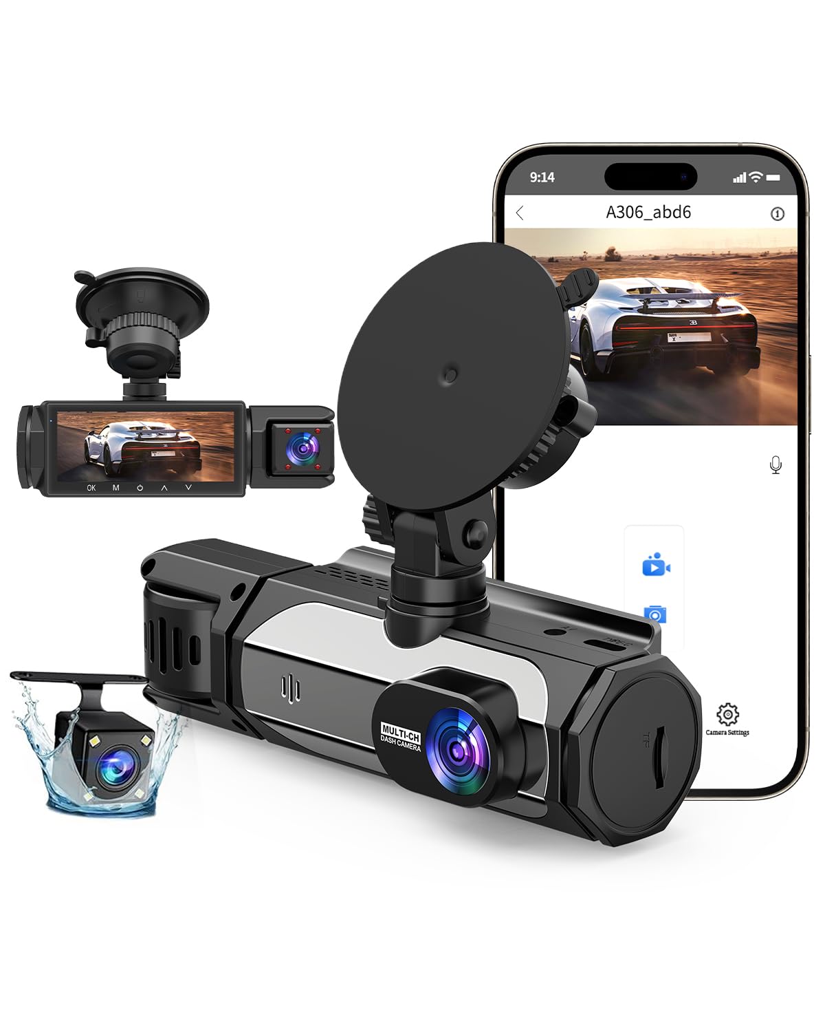 Dash Cam Front and Rear, 1080P Dash Camera for Cars, 3 Channel - Product Imagery