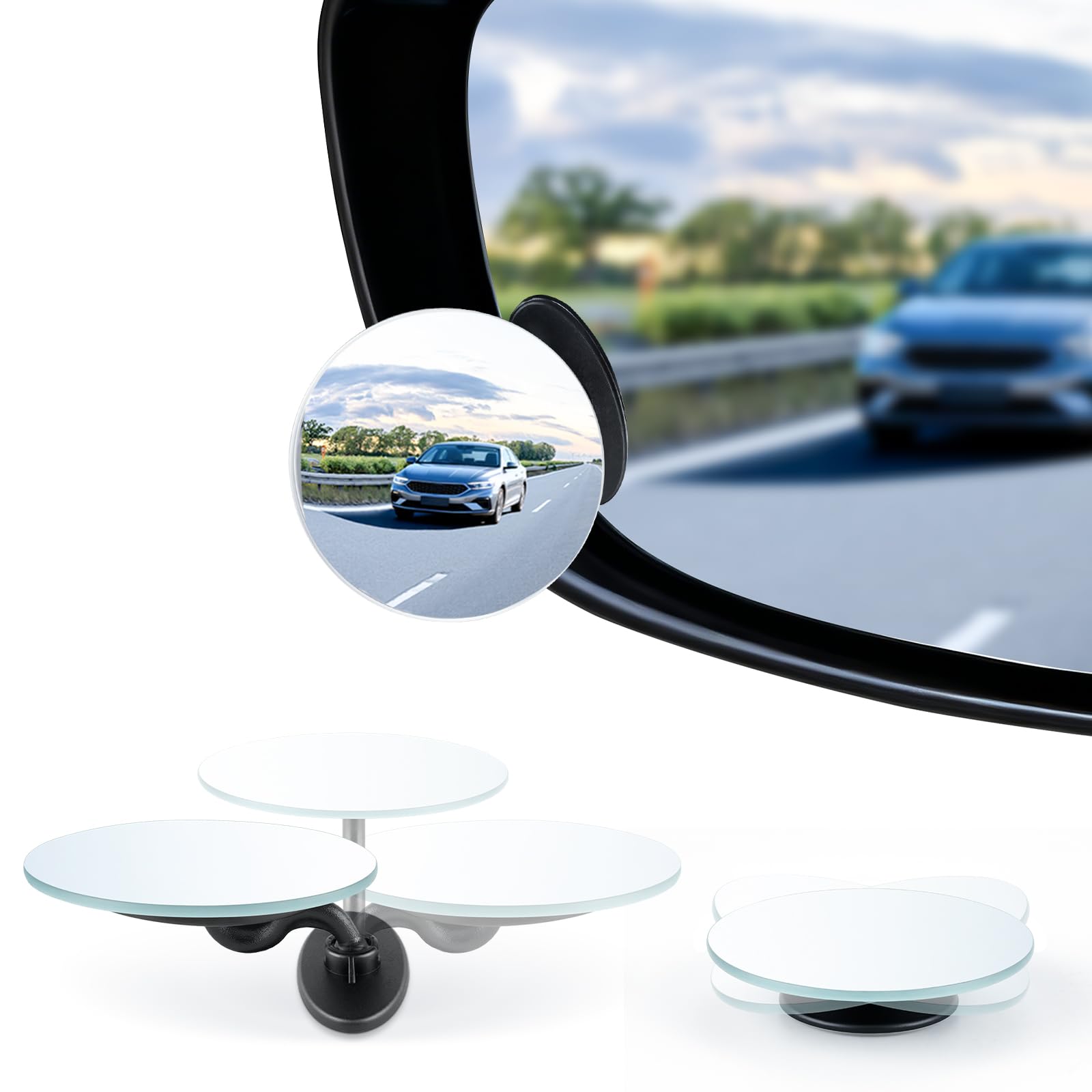 LivTee Blind Spot Mirrors, 2" Round HD Glass Frameless 360° - Product Imagery