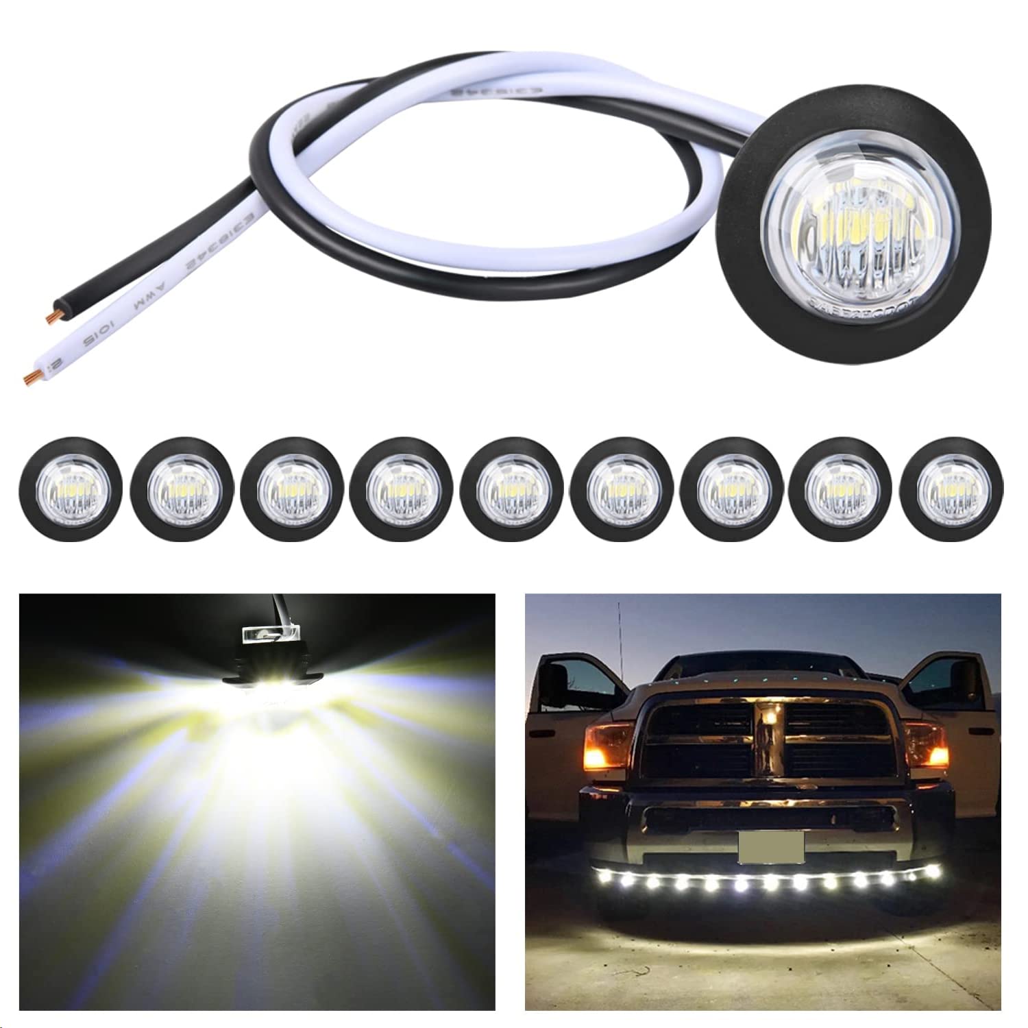 Nilight 3/4" Round LED Clearance Marker Lights,White, 10-Pack - Product Imagery