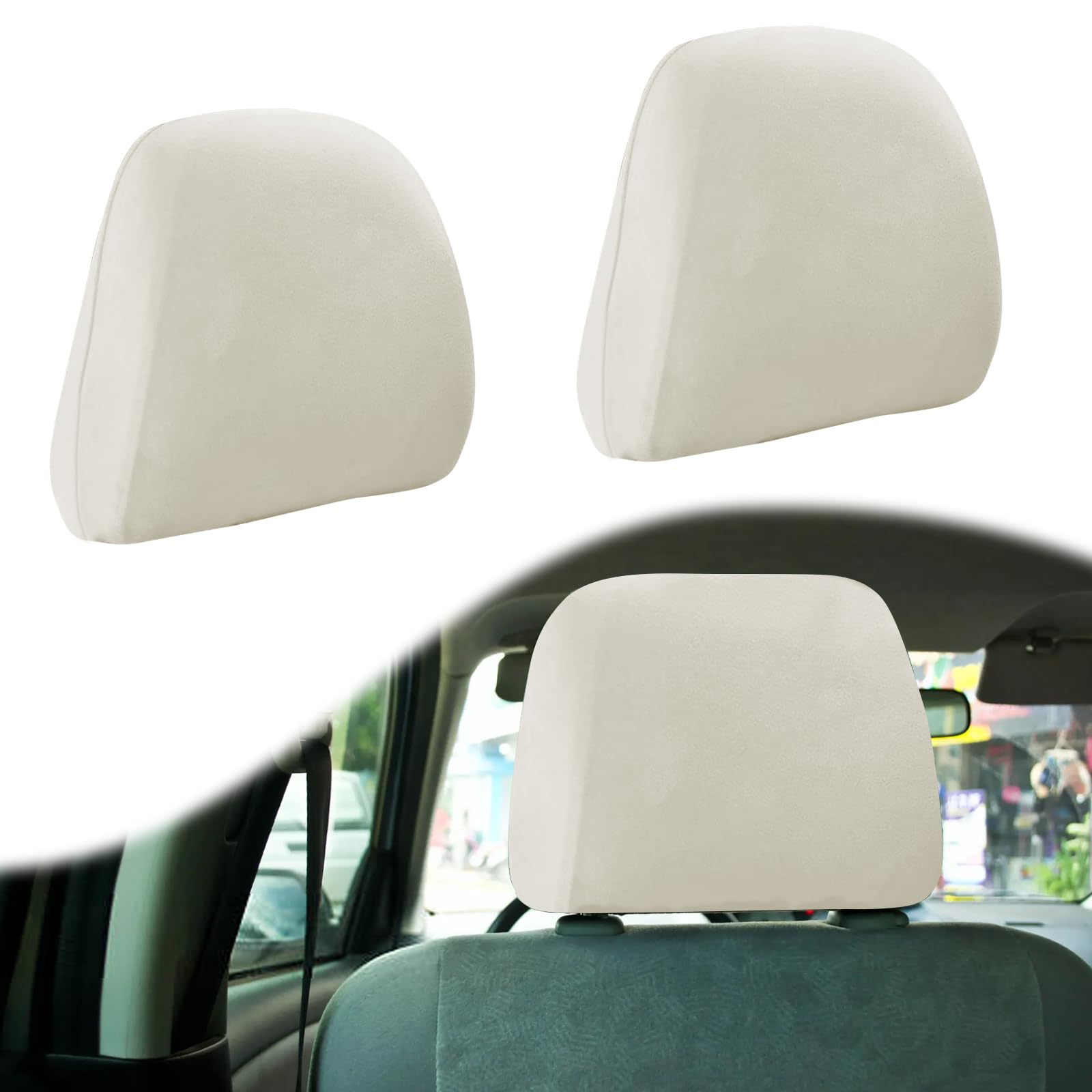 BFXM 2Pcs Car Seat Headrest Cover, Beige Flexible Car Headrest - Product Imagery