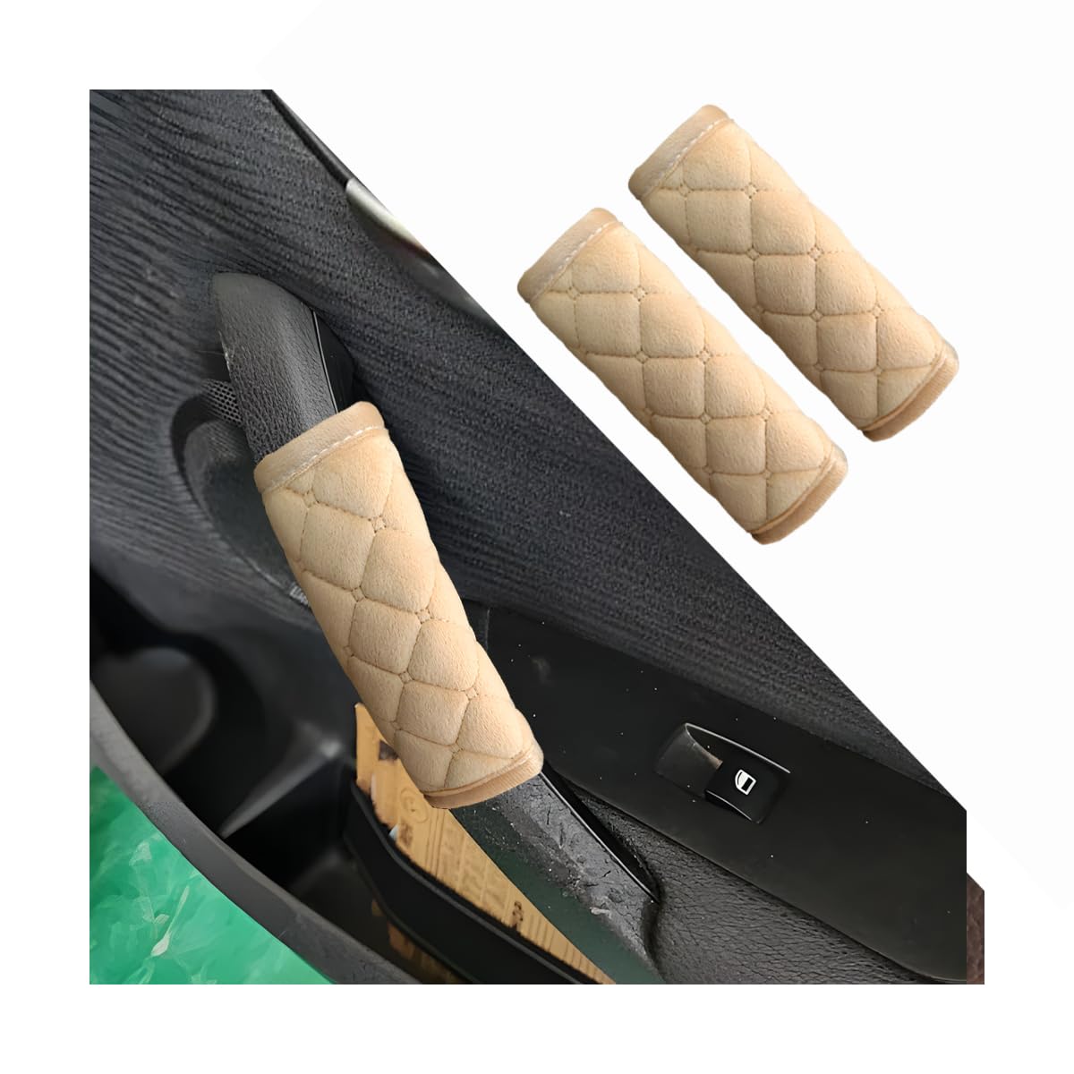 2PCS Car Grab Handle Covers Velvet Door Pull Protectors Beige - Product Imagery