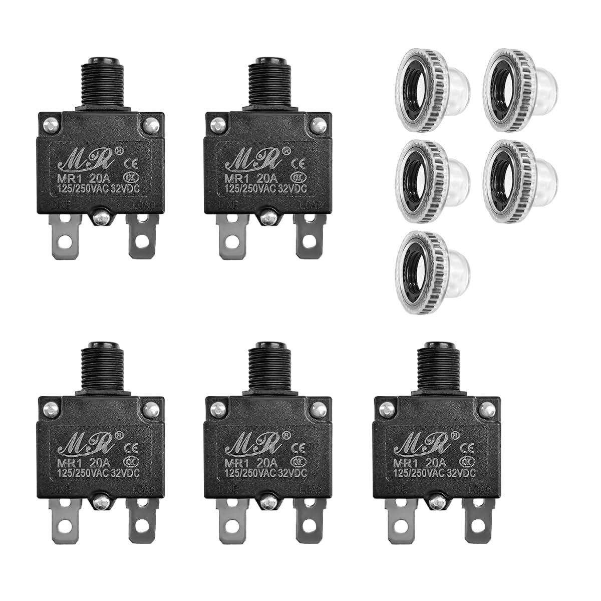DXNQ 5 PCS Thermal Circuit Breaker, 125/250V AC 32V DC 20A - Product Imagery