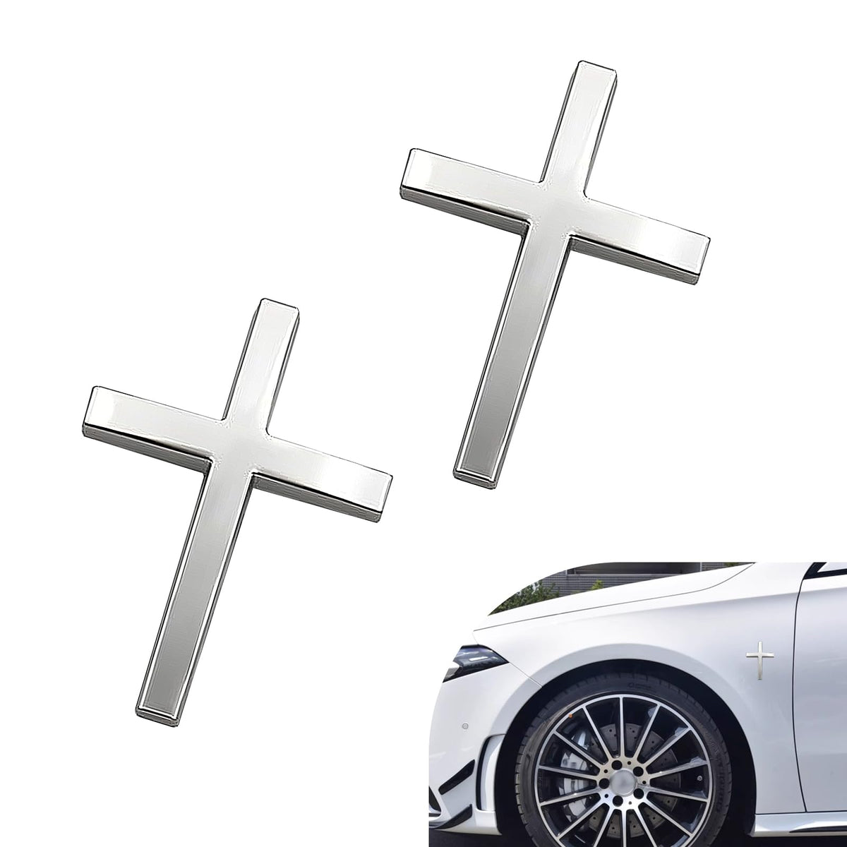 Metal Cross Badge Decal, 2.5"×1.8" Alloy 3D Cross Auto Decal, - Product Imagery