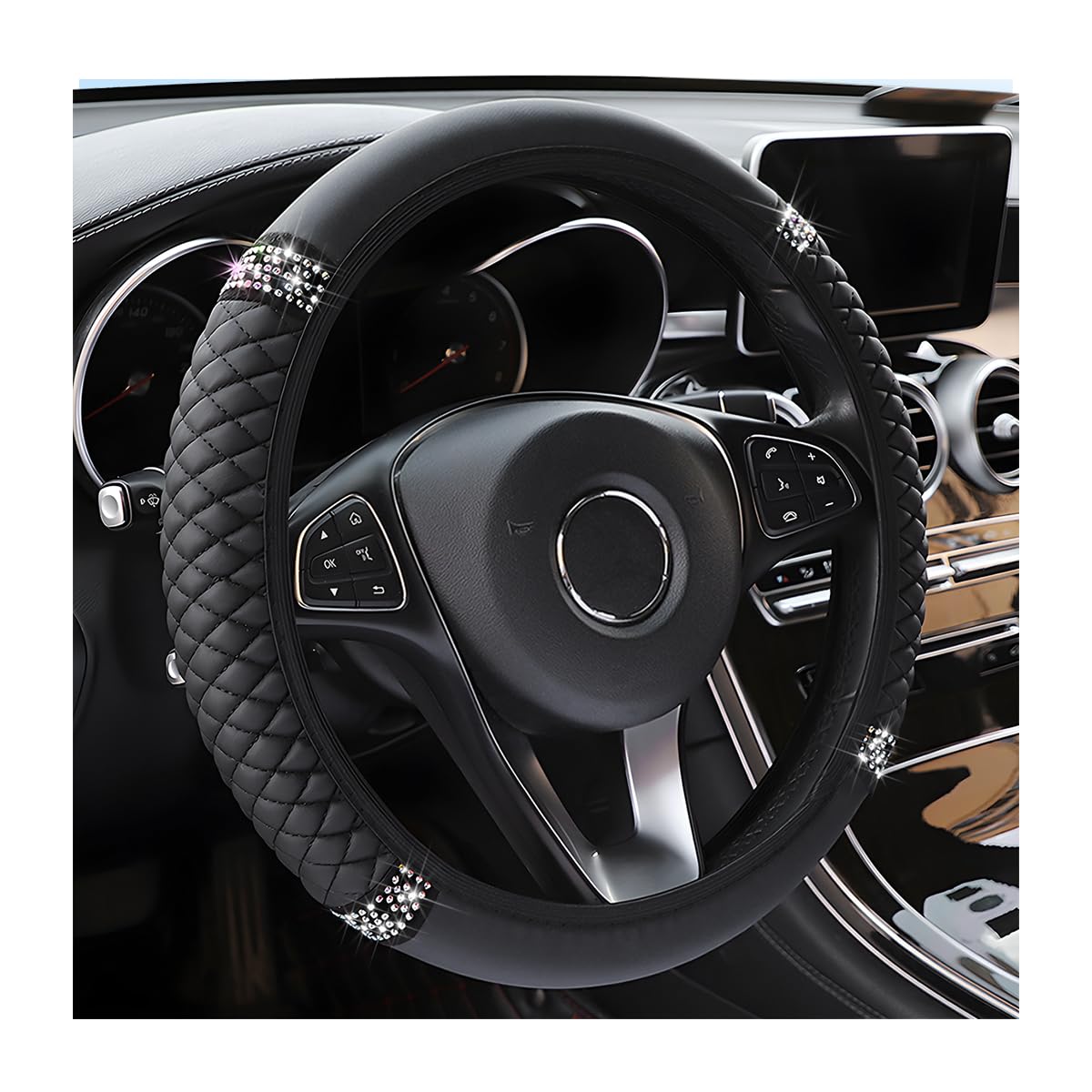 Osilly 15 Inch Rhinestone Leather Steering Wheel Cover, Black - Product Imagery