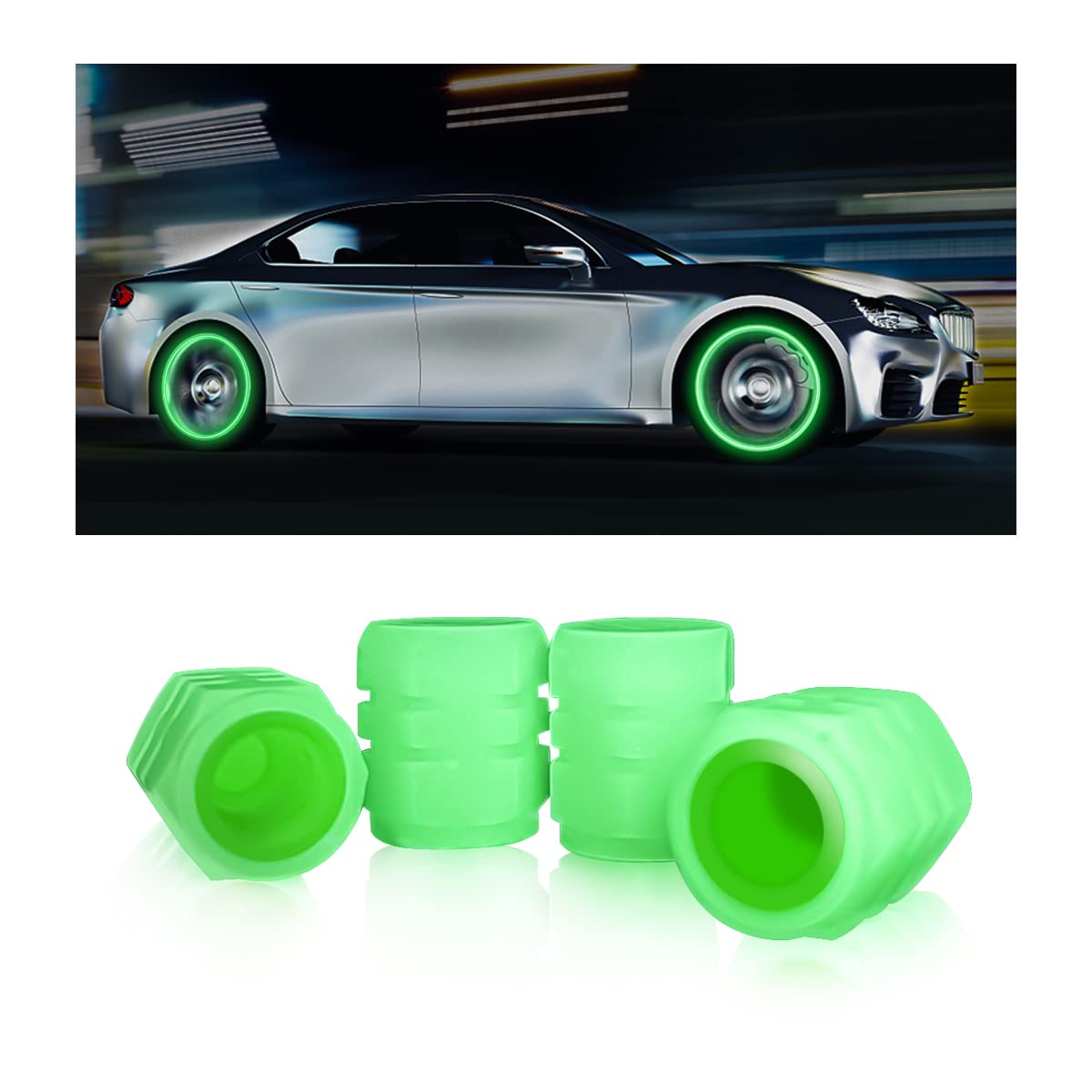 YALOK 4PCS Glow-in-Dark Tire Valve Stem Caps, Air Covers, Green - Product Imagery
