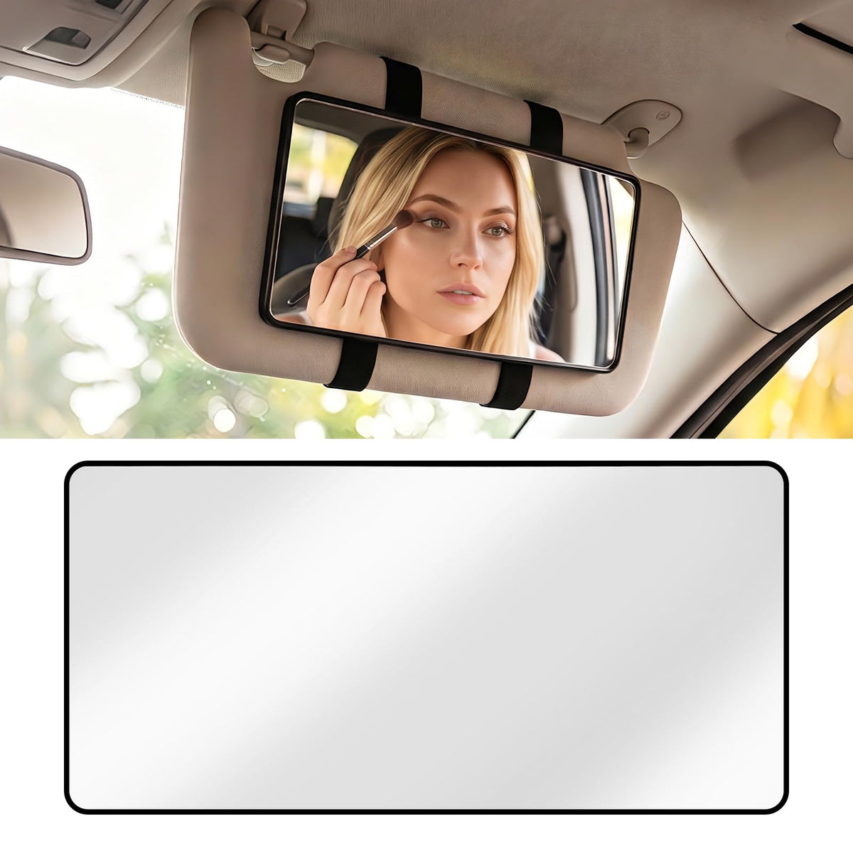 Car Visor Mirror, Sun Visor Mirror with Straps (Black) - Product Imagery