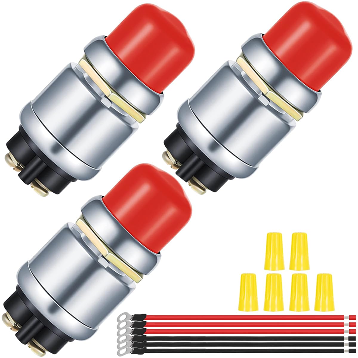 3pcs Red Push Start Button Switch 12V 50A SPST Heavy Duty - Product Imagery