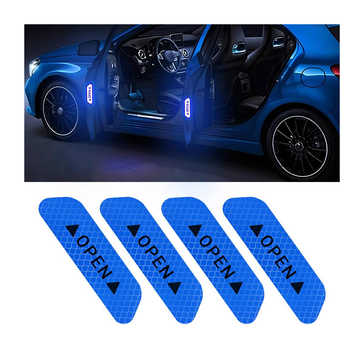 4PCS Car Door Reflective Warning Stickers, Blue - Product Imagery