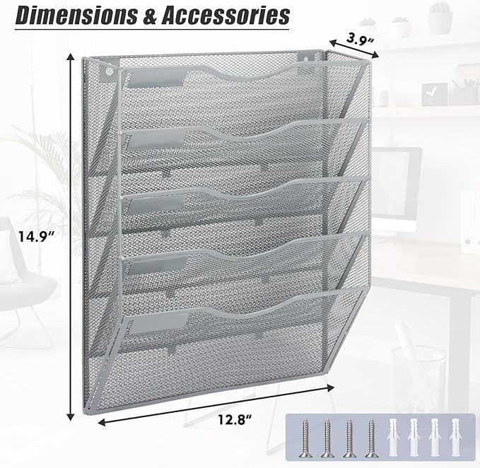 EASEPRES 5 Pocket Mesh Hanging Wall File Organizer, Wall Mounted - Product Imagery