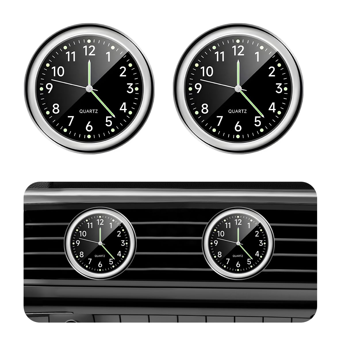 povtii 2 PCS Mini Car Clock, Round Shape Luminous Vehicle - Product Imagery