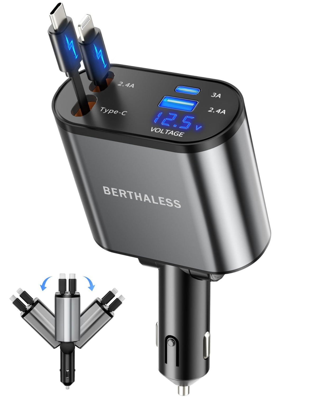 Retractable Car Charger,4 in 1 Fast Charging Car Charger with - Product Imagery