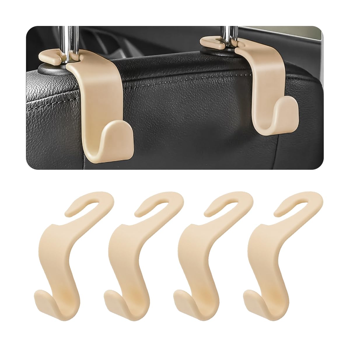 4 Pack Car Seat Headrest Hooks for Vehicle Seats, Beige - Product Imagery