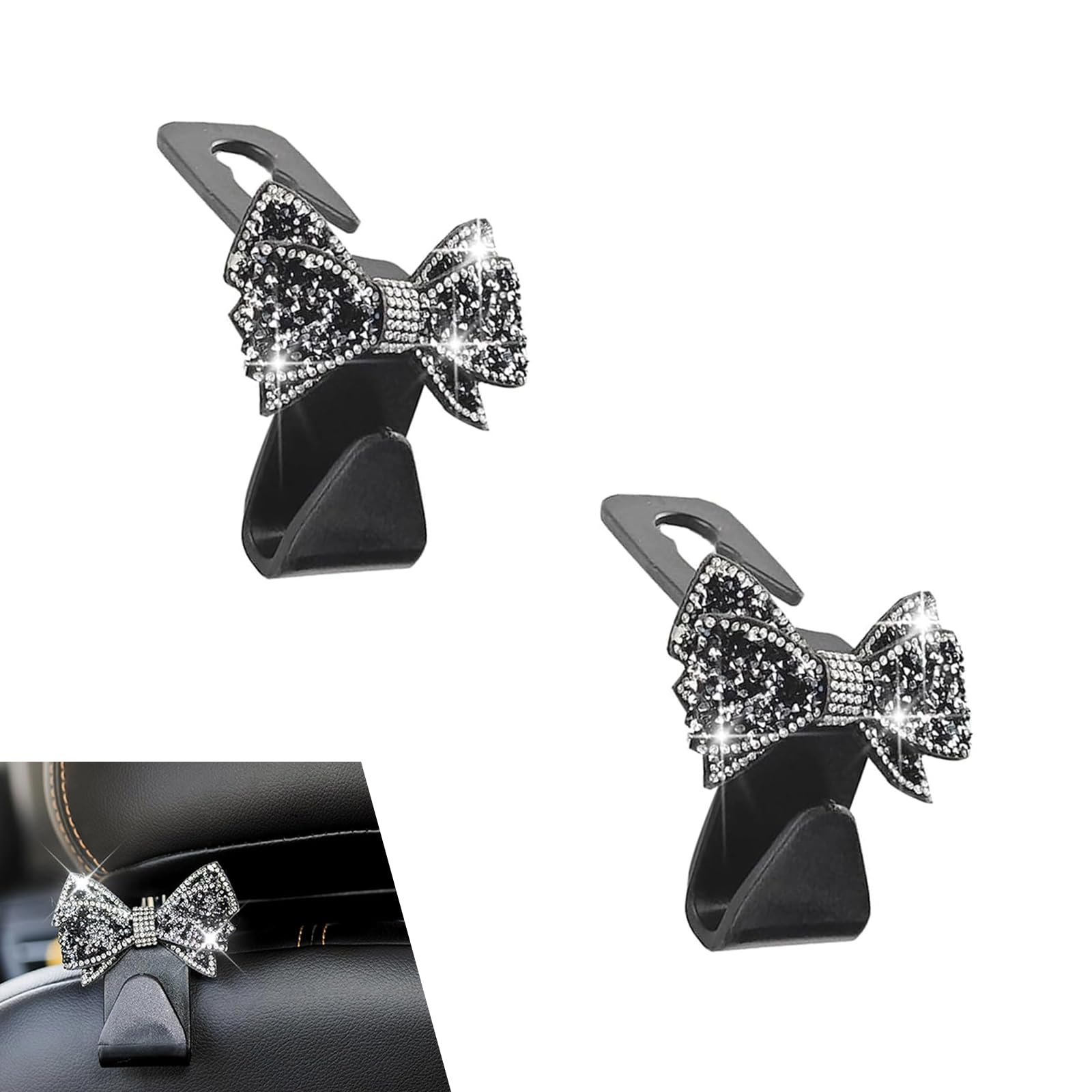WZP 2PCS Bling Car Seat Headrest Hooks, Cute Bow Crystal - Product Imagery