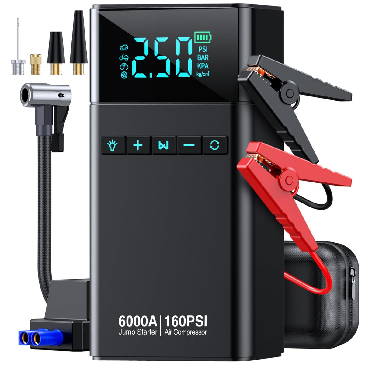 6000A Portable Car Battery Jump Starter with Air Compressor - Product Imagery