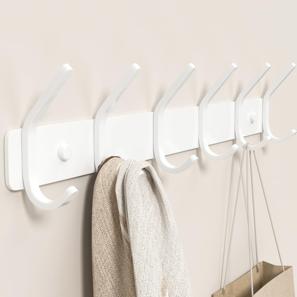 Coat Rack Wall Mount Hooks - 15 Inch White Metal 6-Hook Rack(1 - Product Imagery