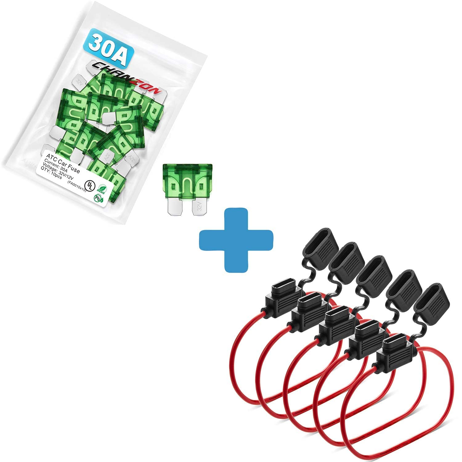 10pcs ATO/ATC 30A Fuse + ATC Inline Fuse Tap 12Awg Bundle - Product Imagery