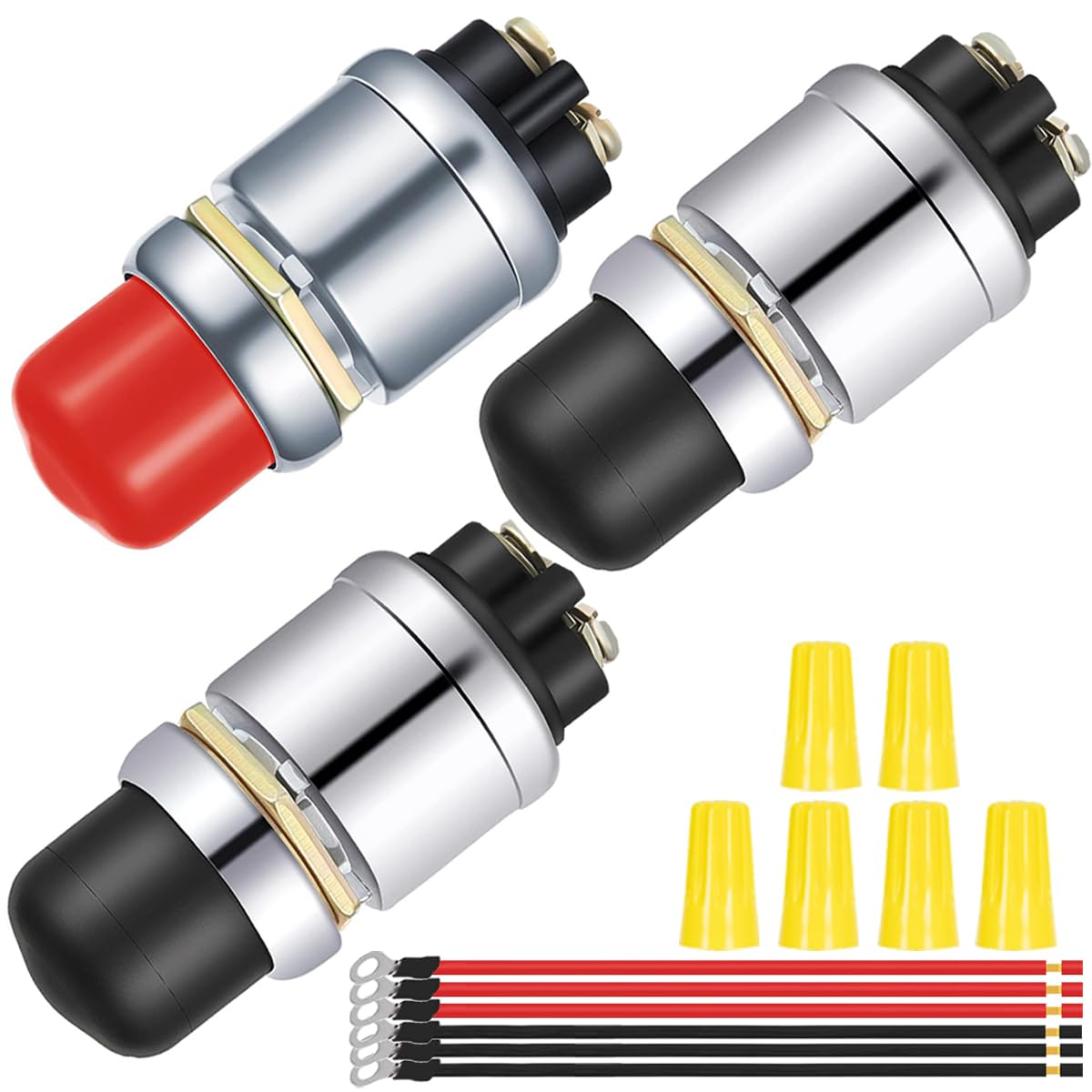 3pcs Red/Black Push Start Button Switch 12V 50A Heavy Duty - Product Imagery
