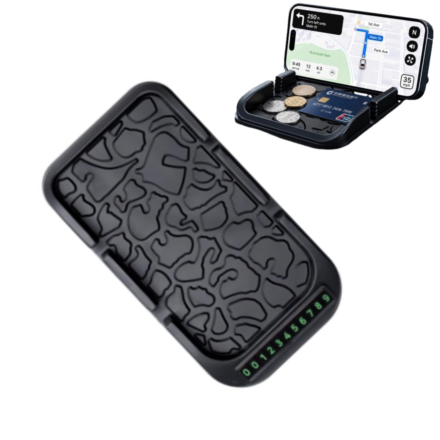 All-in-1 Dashboard Phone Holder, with Parking Number Plate, PVC - Product Imagery