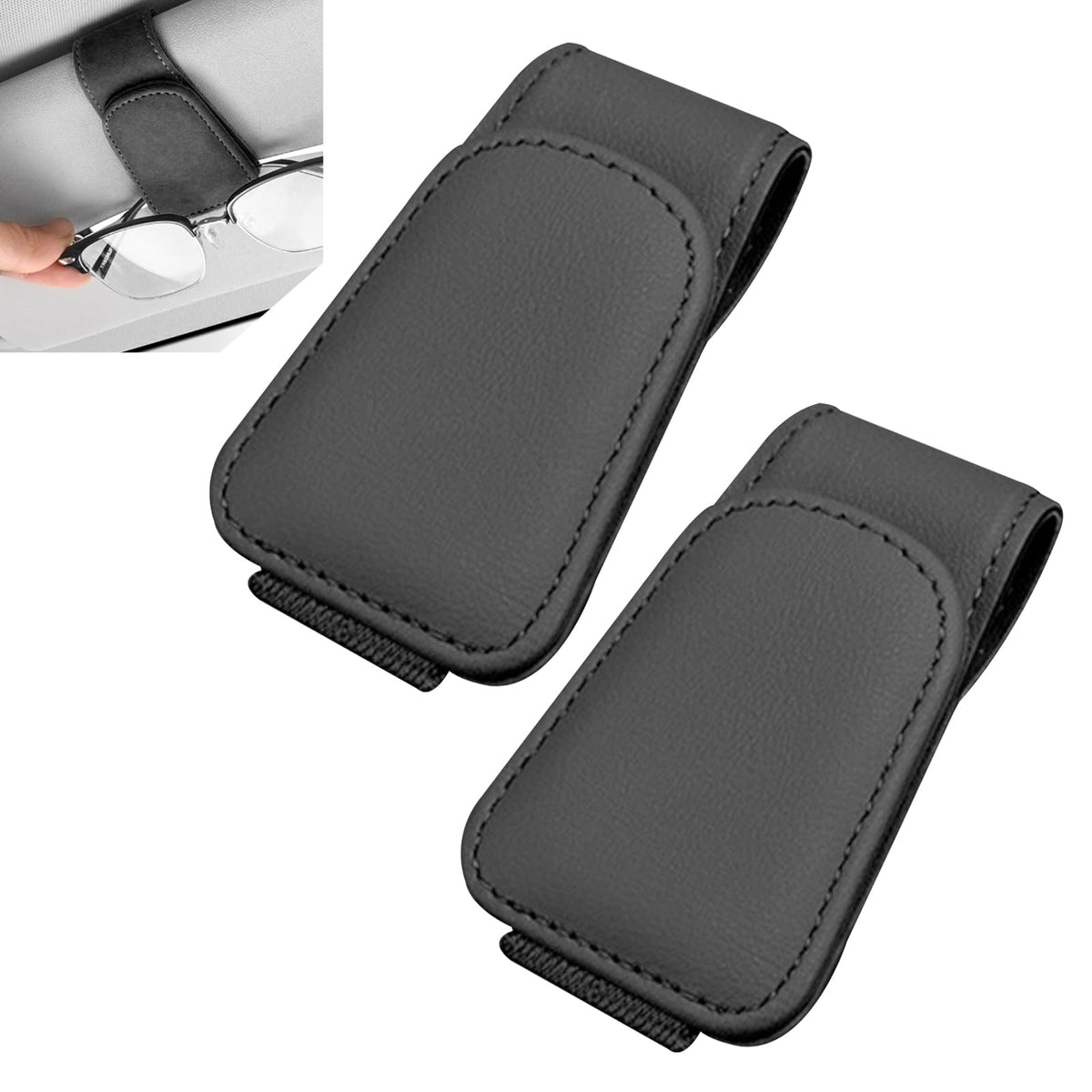 2PCS Sunglasses Holder for Car Sun Visor, Magnetic Leather - Product Imagery