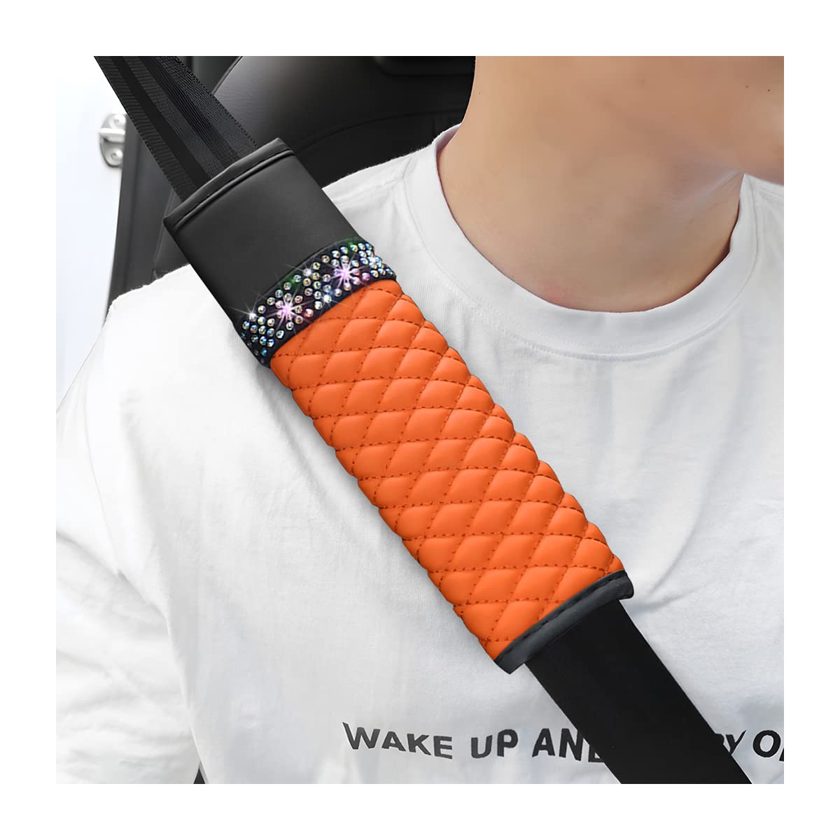 zipelo 2 Pack PU Leather Seat Belt Shoulder Pads, Orange - Product Imagery