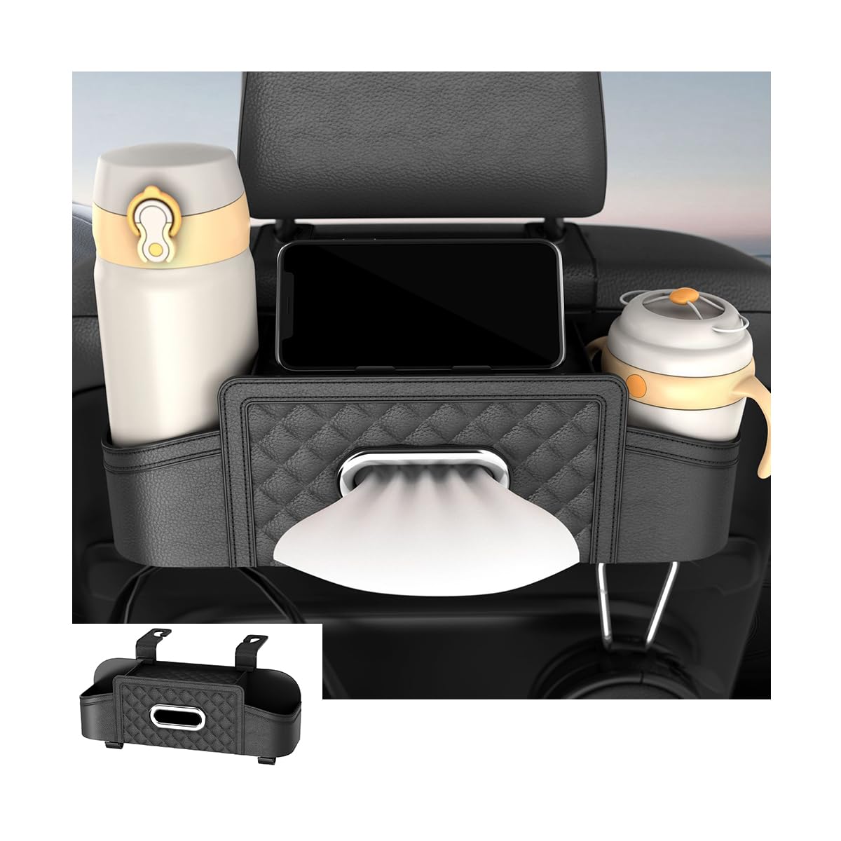 Mandark Headrest-Mounted Backseat Organizer with Cup Holders, - Product Imagery