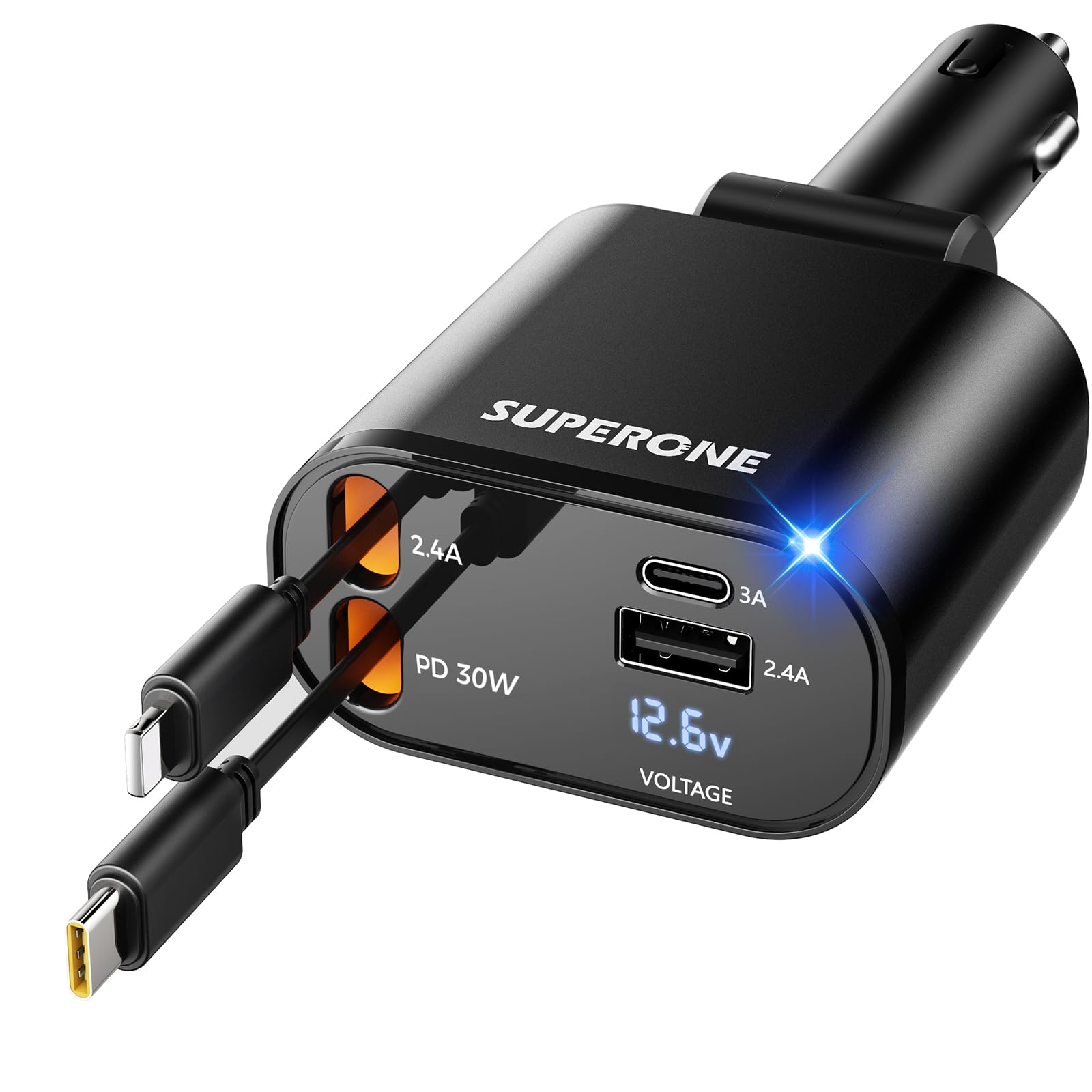 [Upgraded] SUPERONE Retractable Car Charger 4 in 1 Fast Phone - Product Imagery