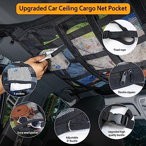 Car Ceiling Cargo Net with 3 Pockets,31.5"x21.6" Car Overhead - Product Imagery